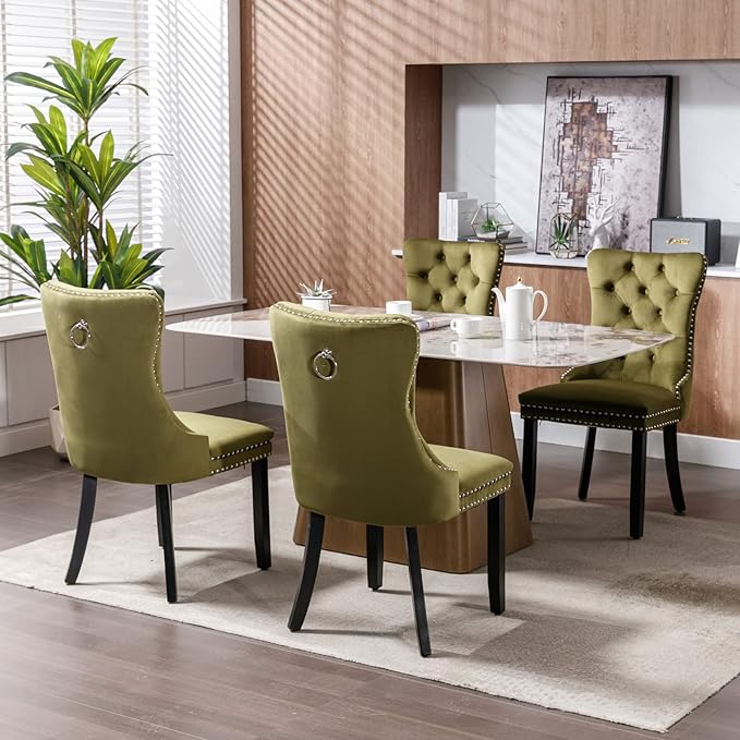 Velvet Dining Chairs Set of 4, Tufted Upholstered Dining Room Chairs with Back Ring Pull, Nailhead Trim and Solid Wood Legs, Modern Dining Chairs for Dining Room, Kitchen,Olive Green