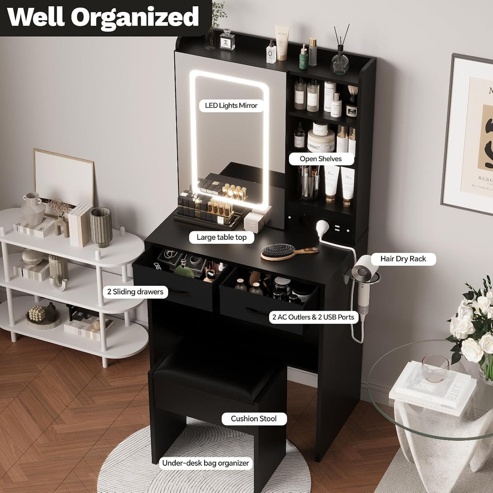 Black Makeup Vanity Desk with Mirror and Lights, Vanity Table Set with Chargi...