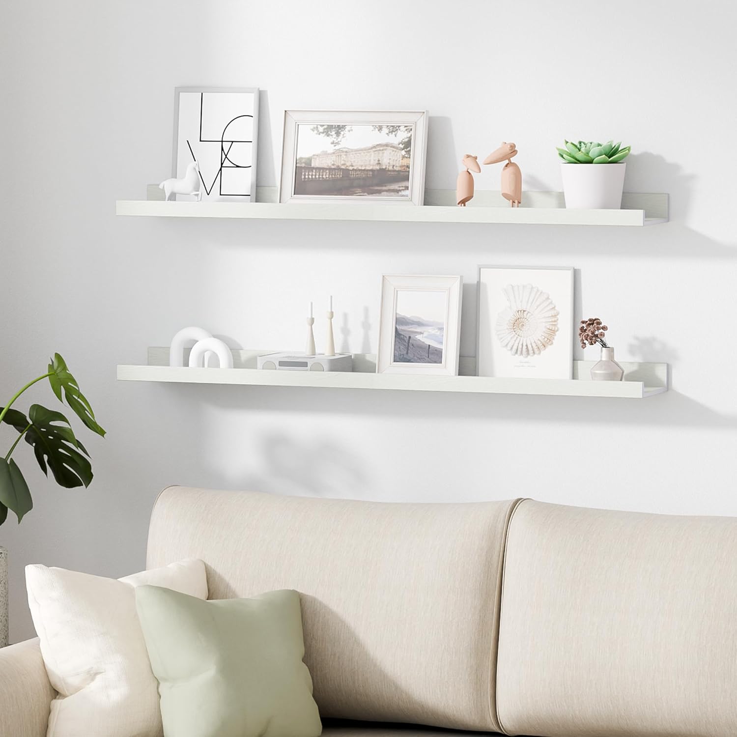 upsimples Floating Shelves for Wall, 35.5 Inch Shelves for Decor Storage Set of 6, Wall Mounted Wood Shelf for Bedroom, Living Room, Bathroom, Kitchen, Long Picture Ledge Shelves, White