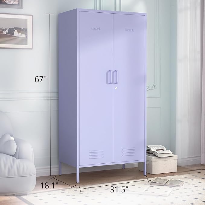 Industrial 67" Purple Lockable Metal 2-Door Storage Cabinet, Multi-Purpose Wardrobe with Hanging Rod & Adjustable Shelves, Heavy Duty for Bedroom, Garage, Home Office 67"H X 31.5"W X 18.1"D
