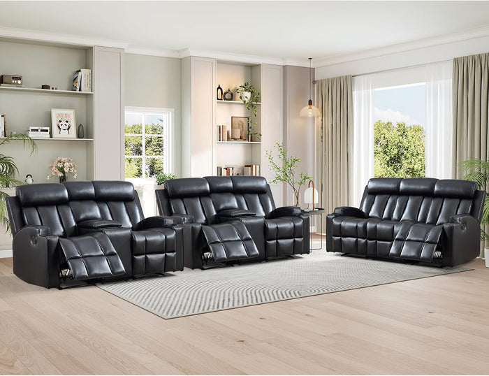 HAOMARKETS 3-Piece Manual Recliner Sofa Set, Included Loveseat Set of 2 with Center Console and 3-Seater Couch, Overstuffed Pu Leather Reclining Couches with Cup Holders for Living Room, Black