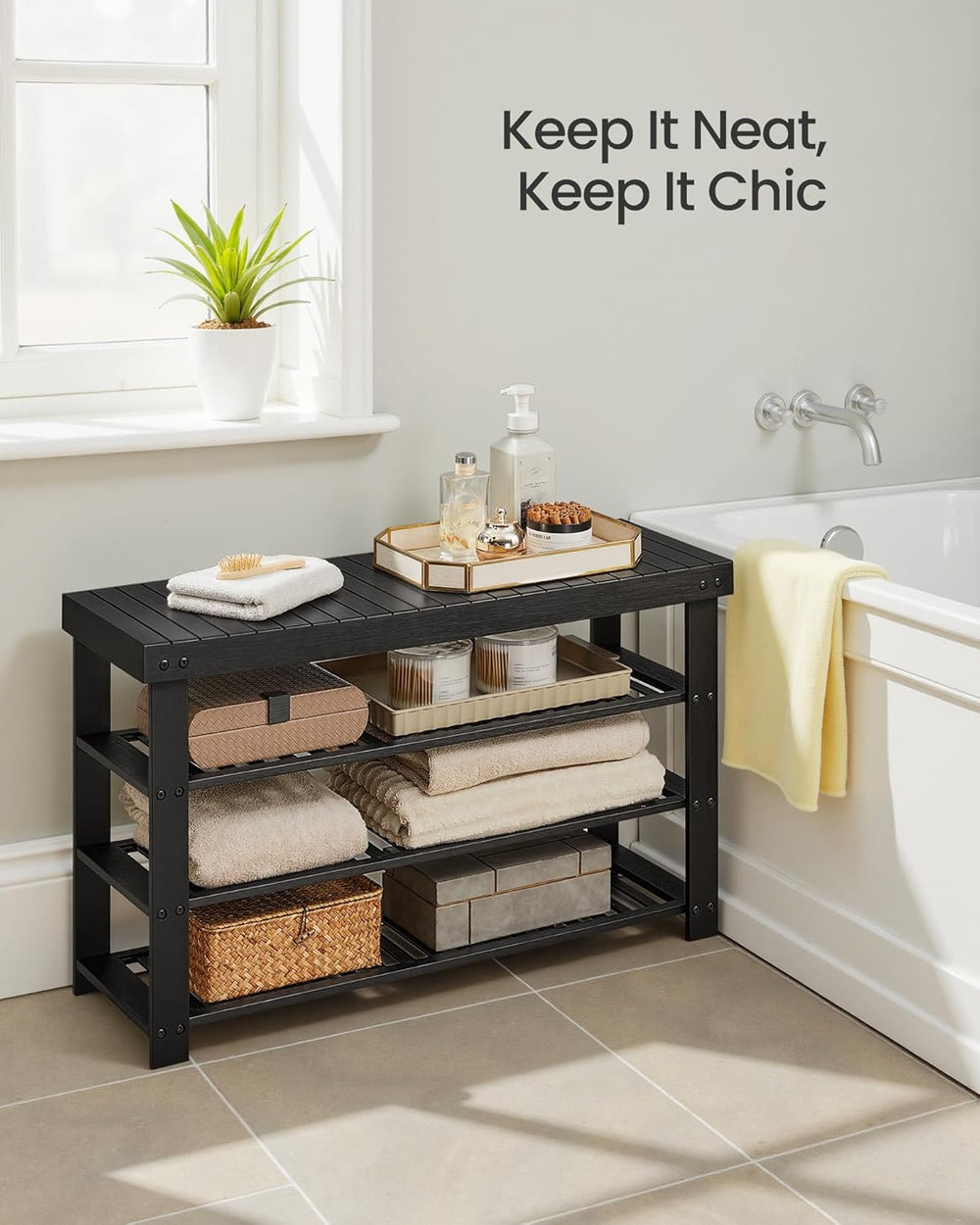 SONGMICS Shoe Rack Bench, 4 Tier Bamboo Shoe Storage Organizer, Entryway Benc...