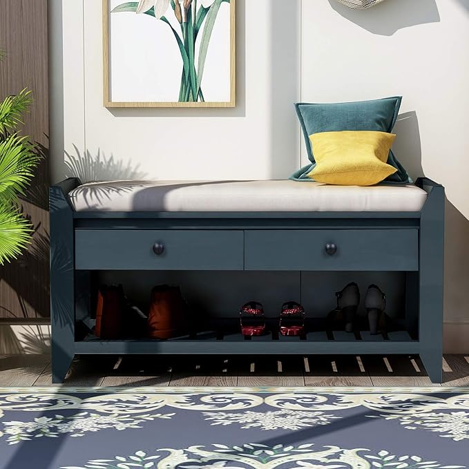 39″ Storage Bench with Cushioned Seat and Drawers,Multipurpose Wooden Entryway Ottoman,Hidden Compartment Organizing Shoe Rack,for Bedroom Hallway Porch,Antique Navy