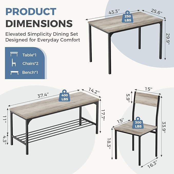 DUMOS Dining Table Set, Dining Table for 4 with Bench, Kitchen Table, Space-Saving Ideal 4-Person Set for Dining Room Kitchen Apartment Corner Grey 4 Pack