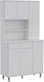 90" H Freestanding Kitchen Pantry with 10 Shelves & 23.3" D Drawer, Covered 2 Double Doors & 32.9" H Door & 27.5" H Door, Rectangular Storage Cabinet, for Living Room, Dining Room, White