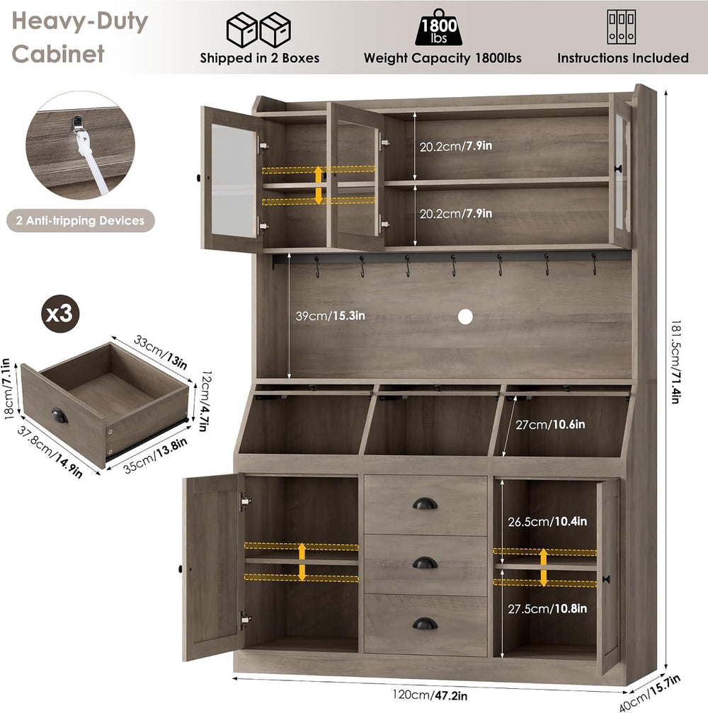 HIFIT 71.4” H Kitchen Hutch Pantry Cabinet with 3 Bread Boxes&7 Metal Hoo...