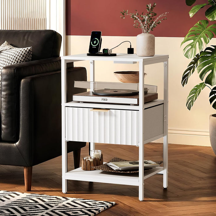 Bonnlo Fluted Nightstand Set of 2, End Table with Fabric Drawer with Charging Station, Night Stand with Storage Shelf & Handle, Fluted Side Table for Bedroom/Living Room,White
