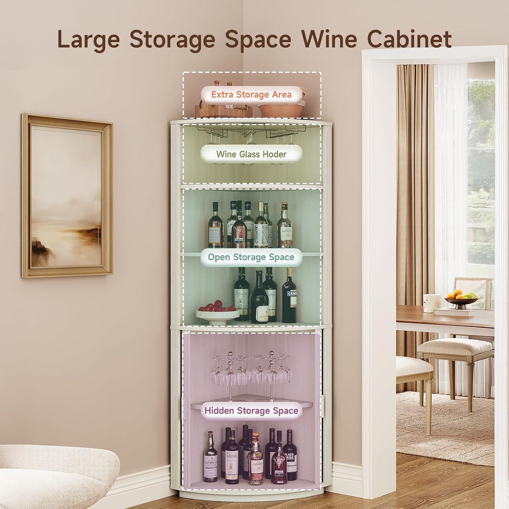 ONBRILL 72" Tall Corner Bar Cabinet with LED Light, Liquor Cabinets, White