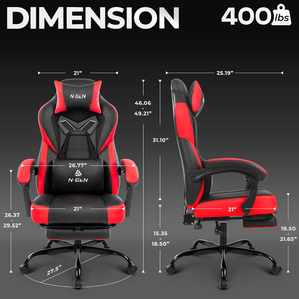 N-GEN GAMING Big & Tall Gaming Chair with Footrest, Lumbar Support, Red |...