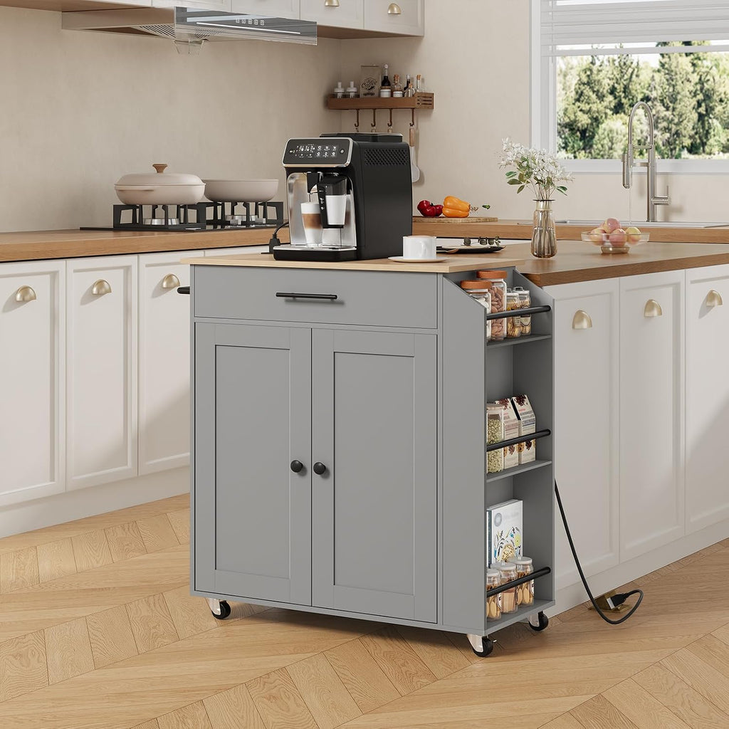 HOOBRO Kitchen Island with Power Outlet, Storage Island with Spice Rack and Drawer, Rolling Kitchen Cart on Wheels, for Home, Dining Room, Natural and Gray GN82UZD01