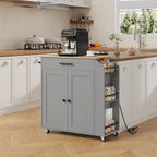 HOOBRO Kitchen Island with Power Outlet, Storage Island with Spice Rack and Drawer, Rolling Kitchen Cart on Wheels, for Home, Dining Room, Natural and Gray GN82UZD01