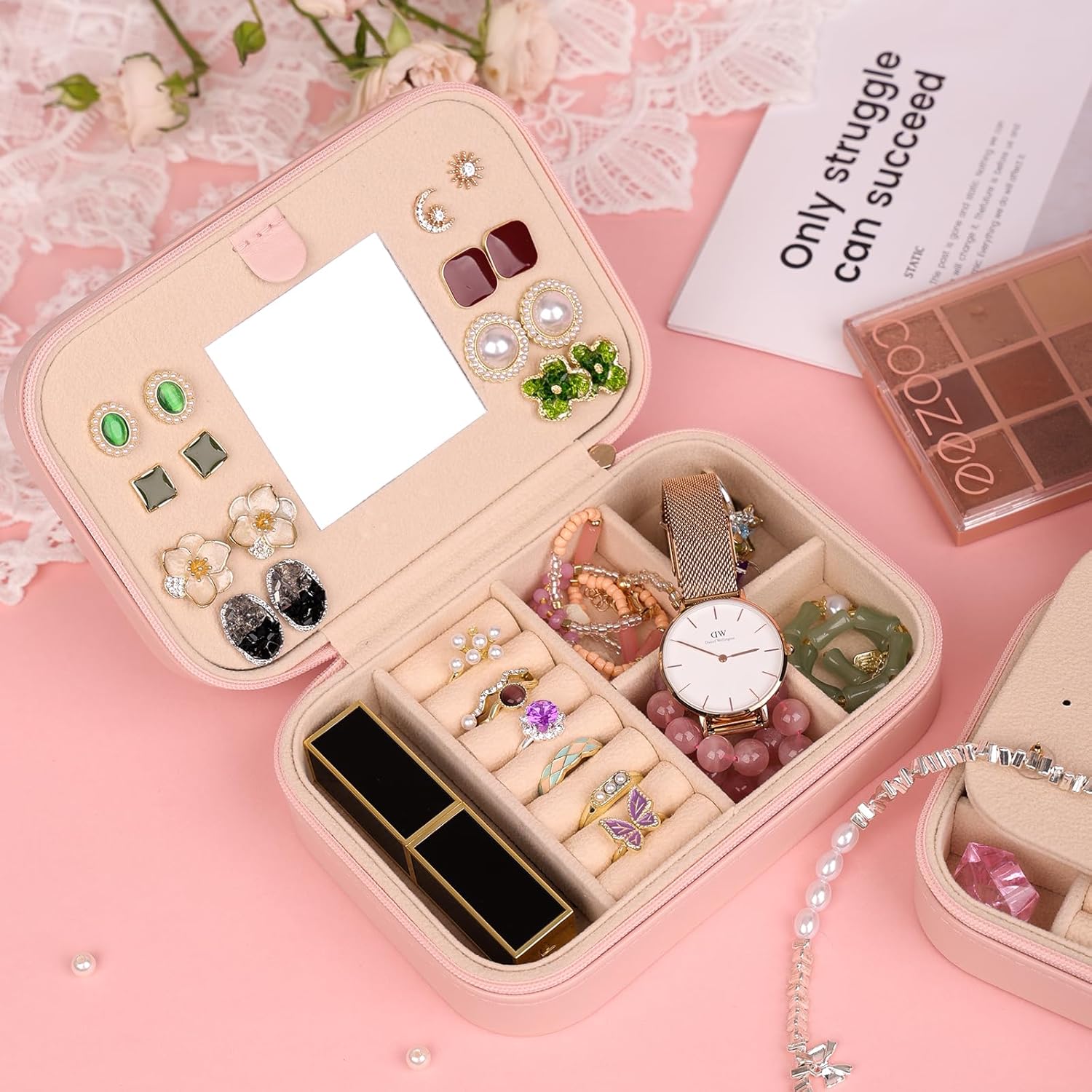 TopPerfekt Travel Jewelry Case, Jewelry Box with Mirror, Jewelry Organizer Bridal Shower Gifts to Her, Earring Storage Travel Case, Trendy Gift for Women and Girls, Girlfriend-Letter B, Black
