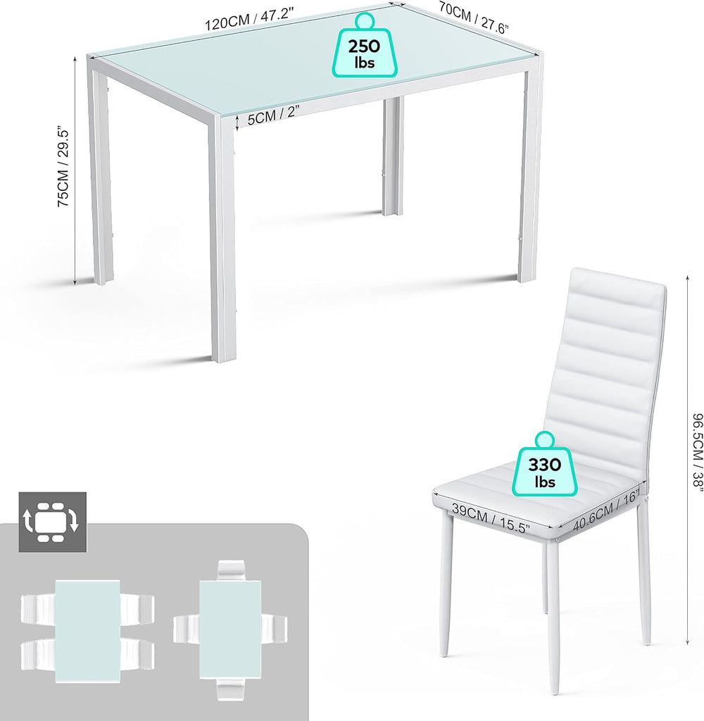 Gizoon White 5 Piece Glass Dining Table Set, Kitchen Table and Chairs for 4