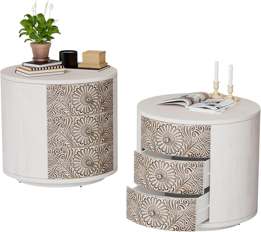 COSIEST Bedside Table Set of 2, Wood Nightstand 3 Drawers, Farmhouse Round En...