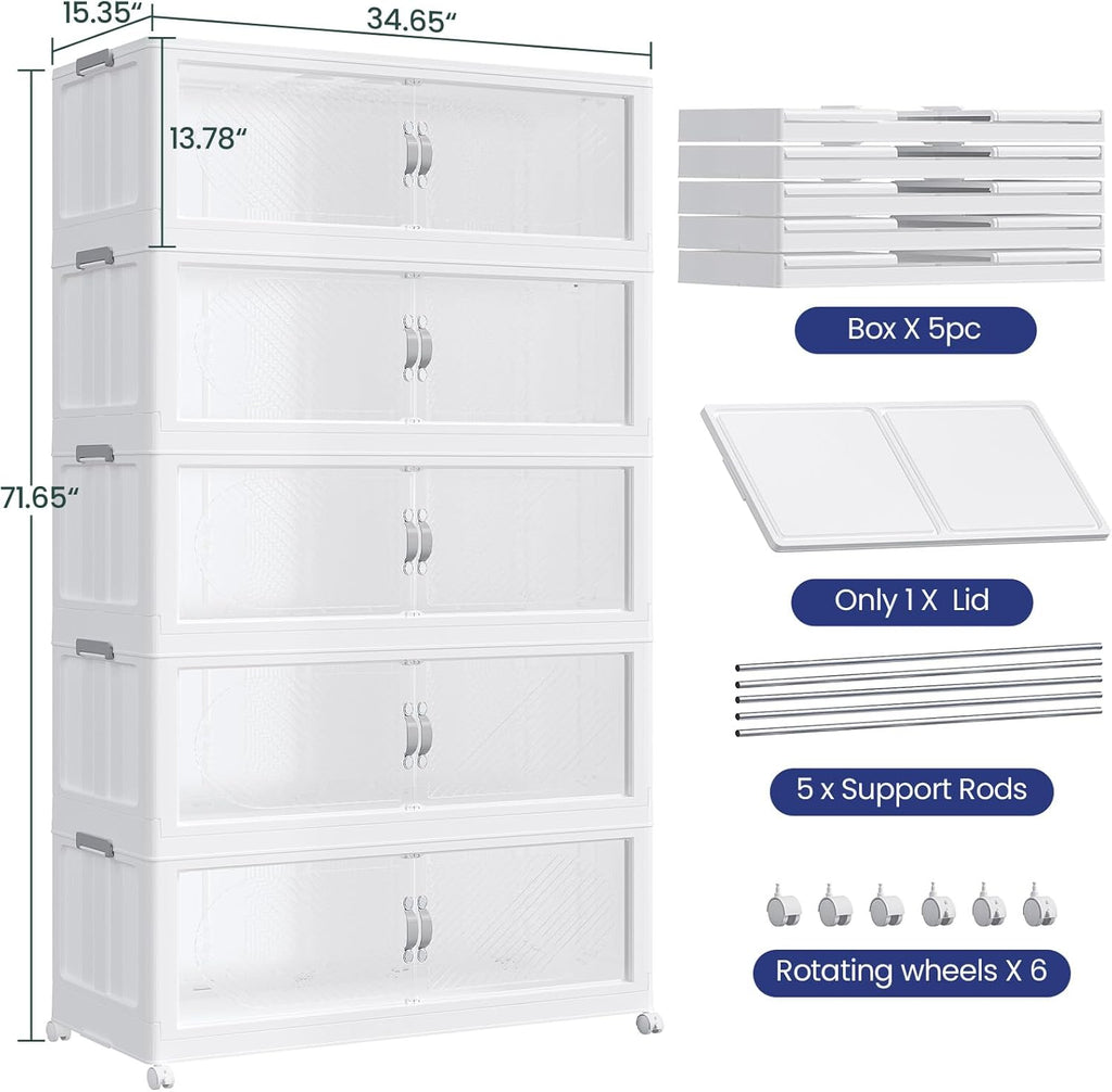 1200QT Extra Large Stackable Storage Bins with Lid & Wheels & Doors, 300Gal Foldable Collapsible Closet Organizers, Plastic Cabinet Box Container Drawer for Home Kitchen Bedroom, 5Pack White