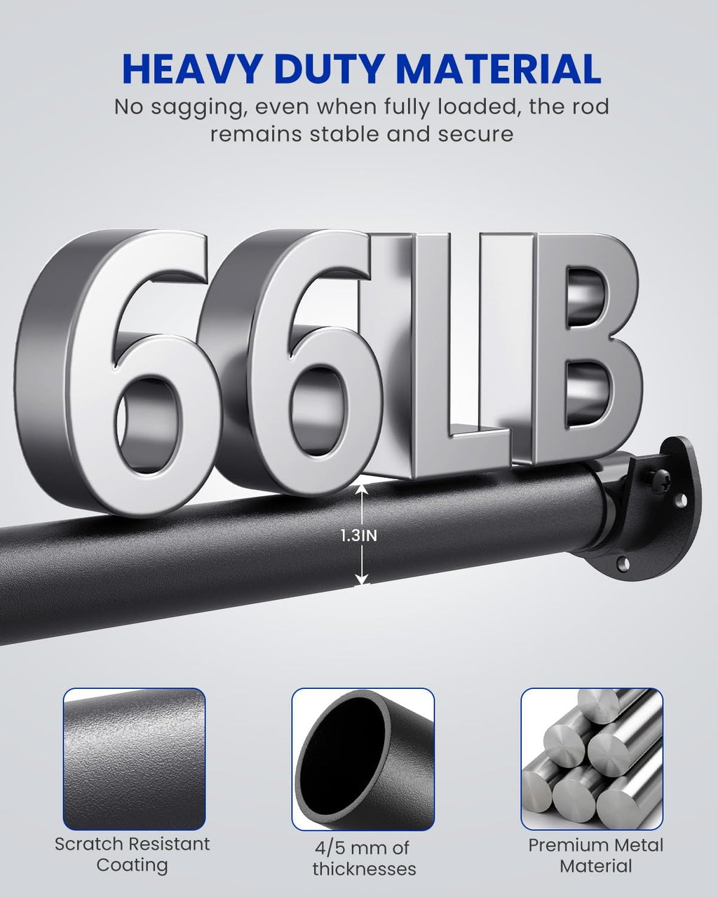 Closet Rods for Hanging Clothes, 17 to 69 Inches Stepless Adjustable Metal Closet Rod, 1.3 Inches Heavy Duty Clothes Hanging Rod for Closet Wardrobes Laundry RV, Black