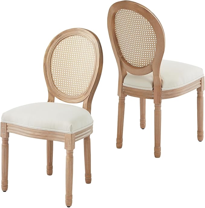 Nrizc Farmhouse Fabric Dining Room Chairs Set of 6, French Chairs with Round Back, Woven Rattan Dining Chair, Oval Side Chair for Dining Room/Kitchen/Restaurant