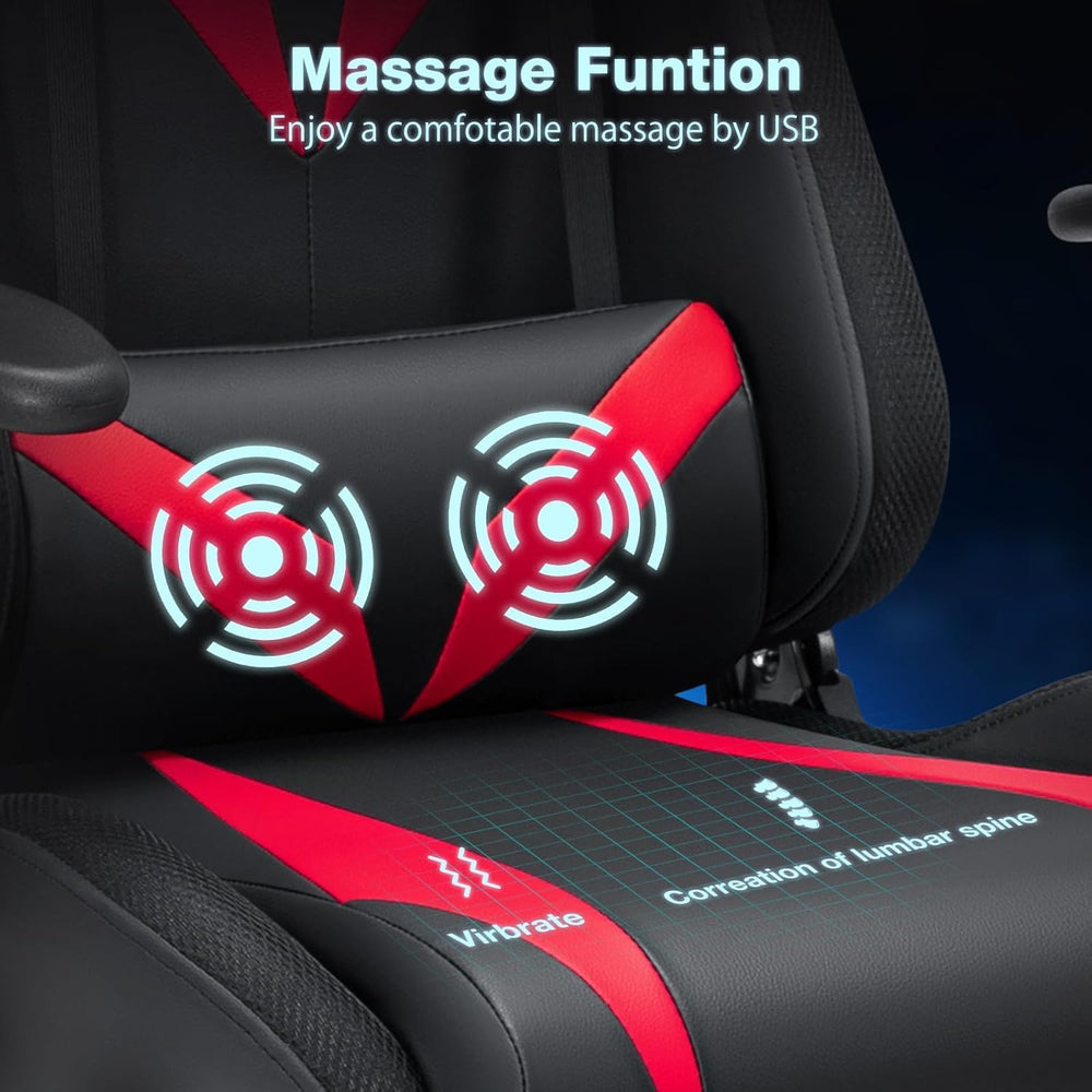 Led Gaming Chair with Speakers Massage 165° Reclining Computer Chairs-Red | R...