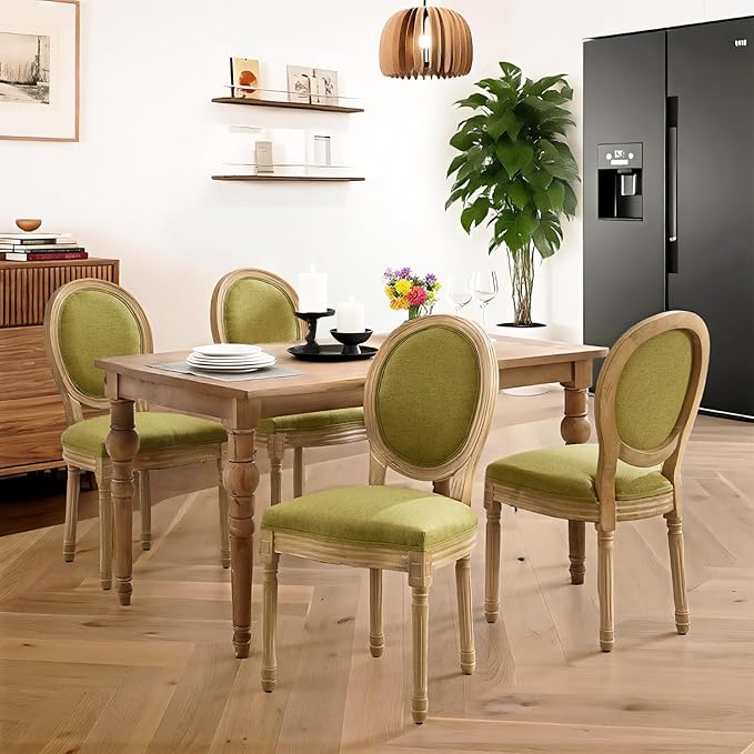French Country Dining Chairs Set of 4,Farmhouse Upholstered Dining Room Chairs with Round Back and Solid Leg,Fabric Kitchen Side Chairs for Kitchen/Bedroom/Dining Room,Green