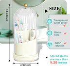 Multifunctional Rotating Toothbrush Holders with Sliding Lid and Draining Tray, 3-Slot Bathroom Countertop Vanity Organizer for Tooth Brush, Toothpaste, and Makeup Brushes Holder Storage (White)