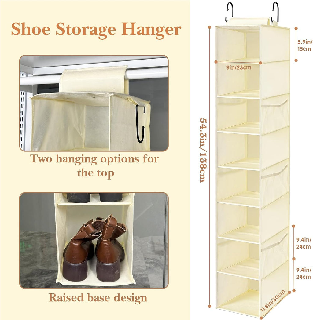 Hanging Shoe Organizer for Closet with 8 Shelves,Mesh Pockets-Wider Hanging Shelves for Shoes,Clothes,Hats with Sturdy Bamboo-Supported Design (Beige)