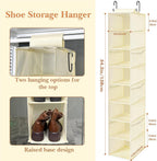 Hanging Shoe Organizer for Closet with 8 Shelves,Mesh Pockets-Wider Hanging Shelves for Shoes,Clothes,Hats with Sturdy Bamboo-Supported Design (Beige)