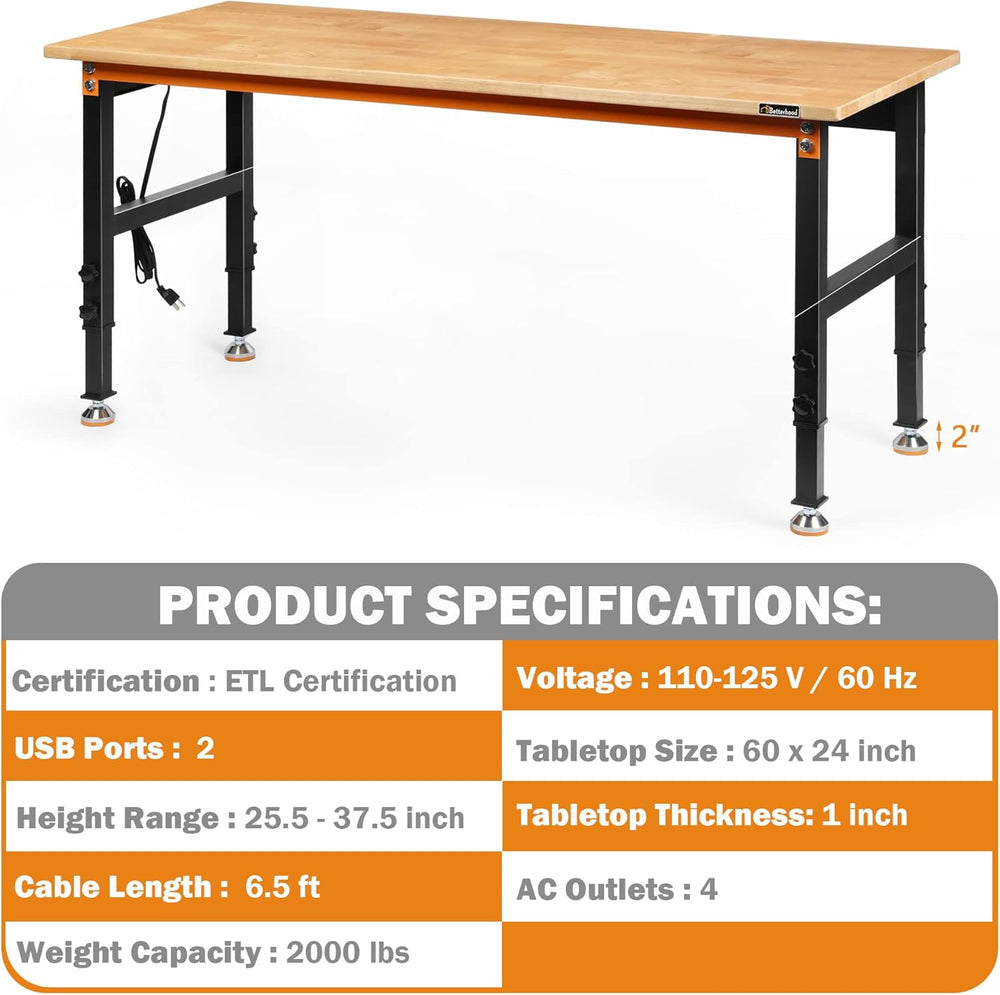 Betterhood Adjustable Height Workbench, 60" Rubber Wood Top Heavy Duty W...