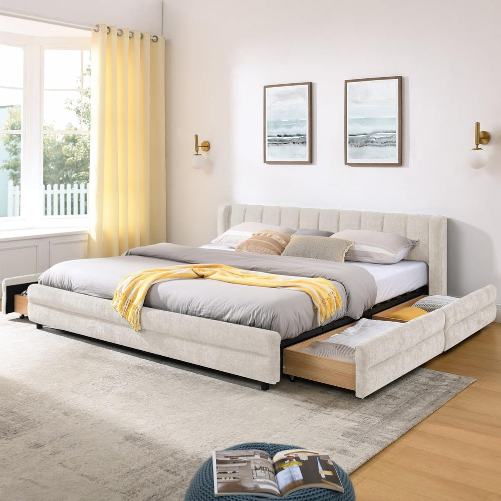 KEIKI Thick Chenille King Bed Frame with 4 Storage Drawer & Upholstered T...