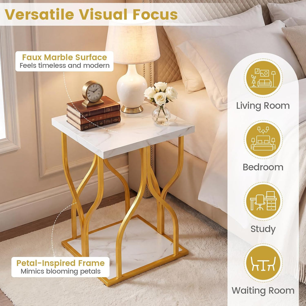 Giantex 2-Tier End Table, Faux Marble Bedside Night Stand with Storage Shelf ...