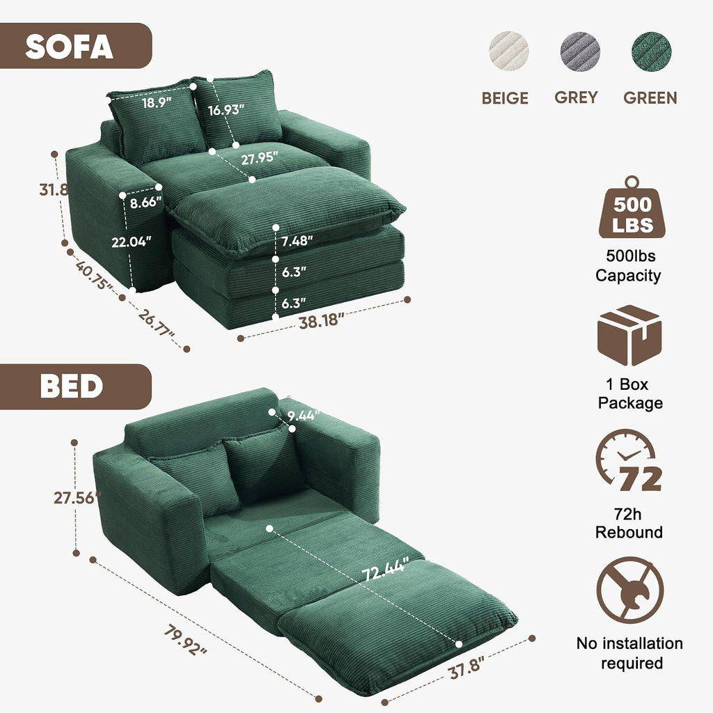 58" Sofa Bed with Ottoman, 3 in 1 Convertible Sofa Bed Folding Corduroy Boneless Sleeper Loveseat Mattress Futon Pull Out Couch Bed for Apartment Bedroom Living Room No Assembly 58-Green-L