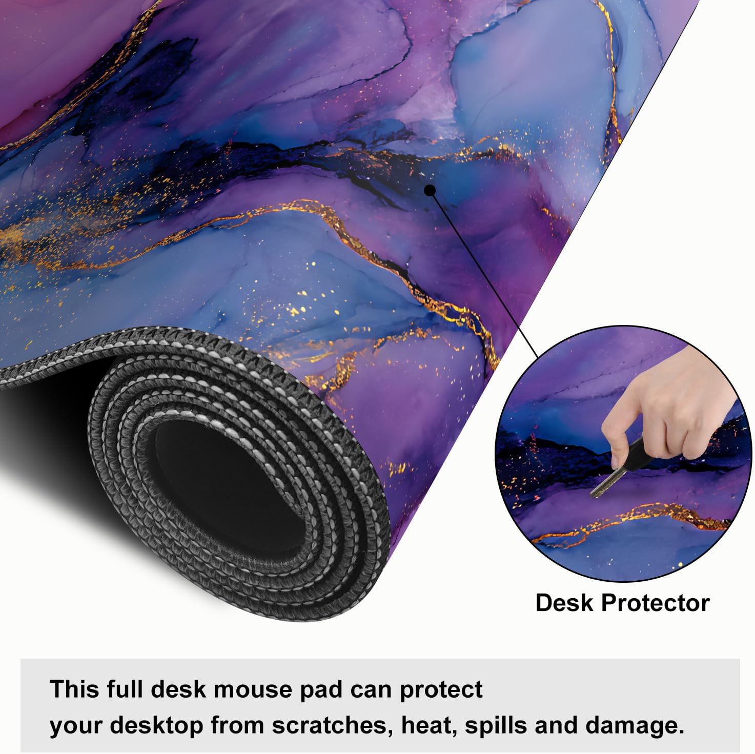 Purple Marble Ink Mouse Pad – Large Extended Desk Mat 31.5 x 11.8 in– Alcohol Ink Watercolor with Gold Vein Design, Non-Slip Base, Waterproof Surface, Aesthetic Keyboard & Mouse Pad
