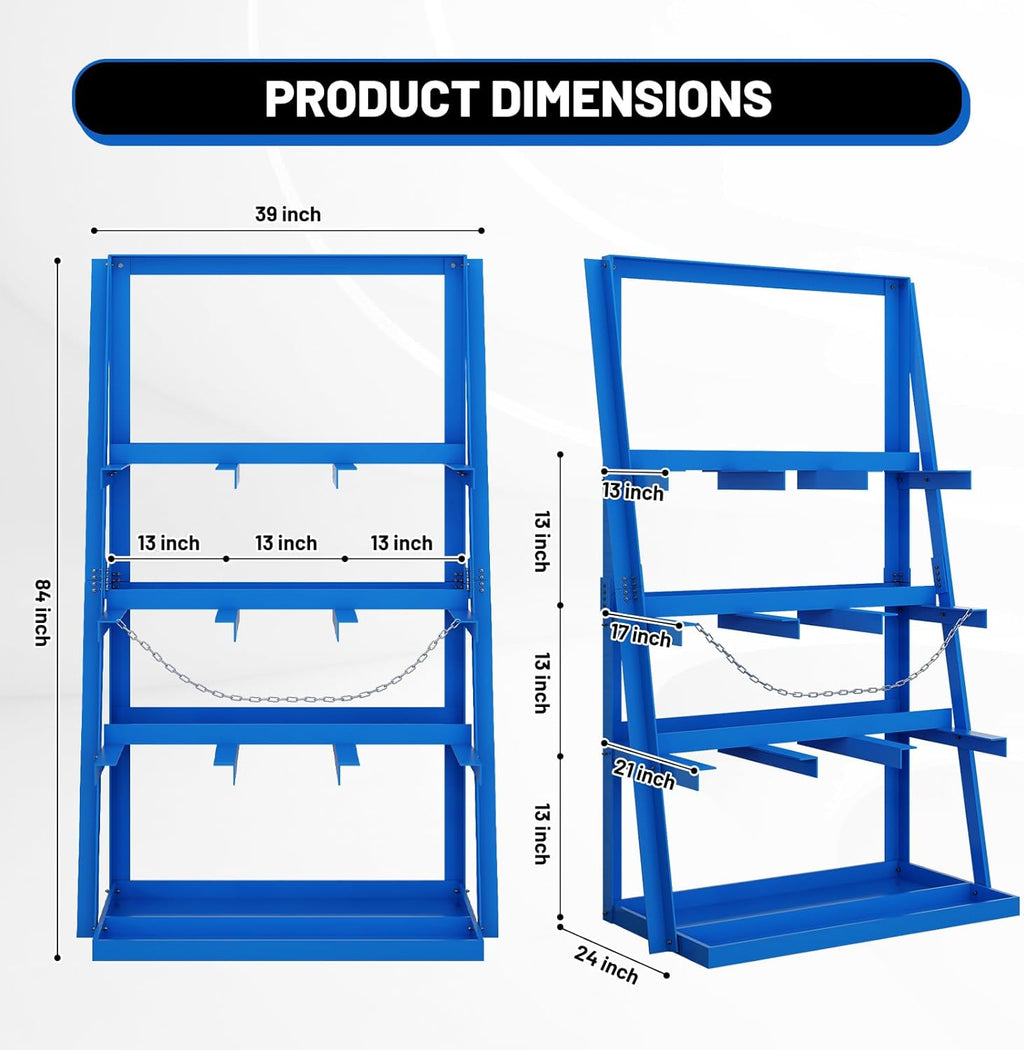 Vertical Bar Rack, 3000 LB Capacity Heavy-Duty Steel Lumber Storage, 39" W x 24" D x 84" H Pipe Organizer Rack with Safety Chain, Wall-Mounted for Garage Workshop
