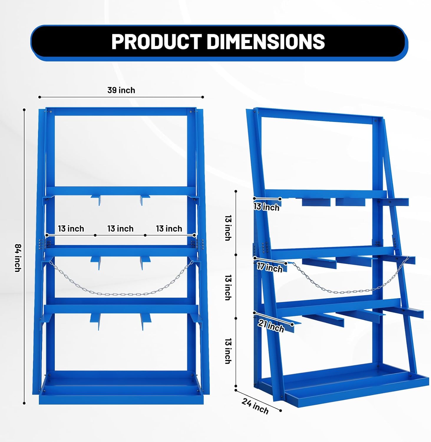 Vertical Bar Rack, 3000 LB Capacity Heavy-Duty Steel Lumber Storage, 39" W x 24" D x 84" H Pipe Organizer Rack with Safety Chain, Wall-Mounted for Garage Workshop