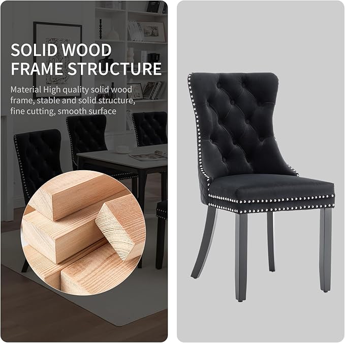 Velvet Dining Chairs Set of 6, Upholstered Dining Room Chairs with Nailhead Trim, Sillas de Comedor Modernas 6, Wooden Kitchen Chairs for Dining Room, Living Room, Kitchen, Bedroom, Black