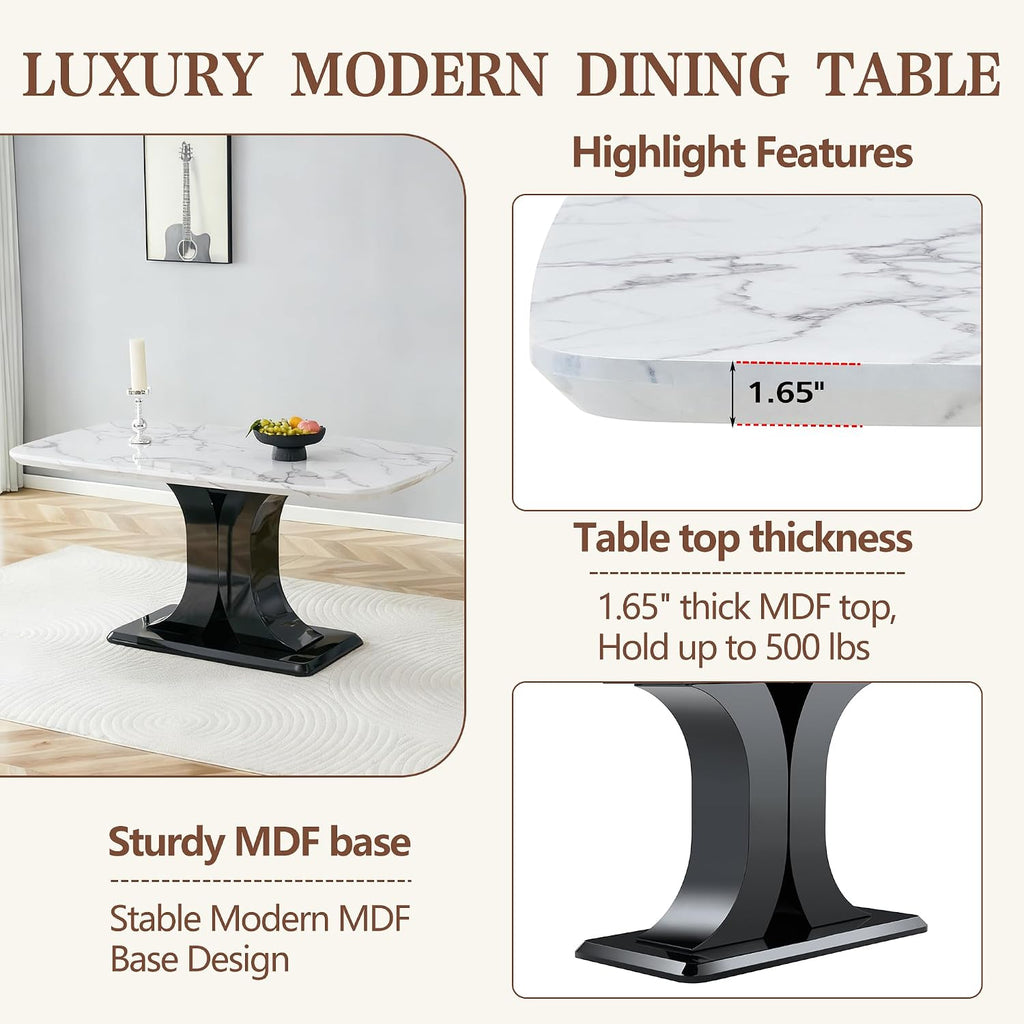 Modern Dining Table Set for 6, Marble Kitchen Table Chair Set for 6, Rectangular Kitchen Table with 6 Pu Leather Upholstered Chair for Dining Room