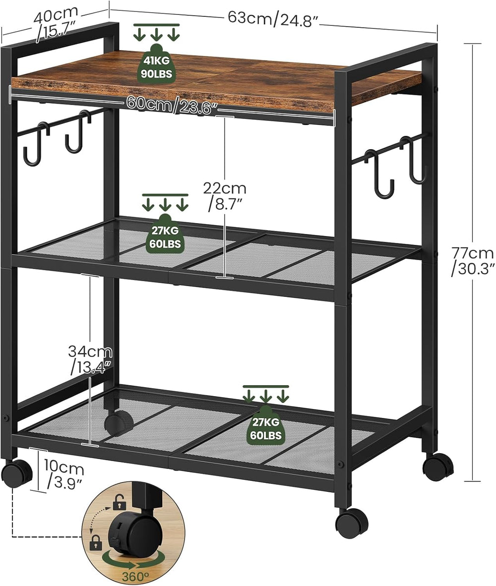 CHOEZON 3-Tier Rolling Bar Cart, Vintage Metal Kitchen Cart with Wheels, Mobi...