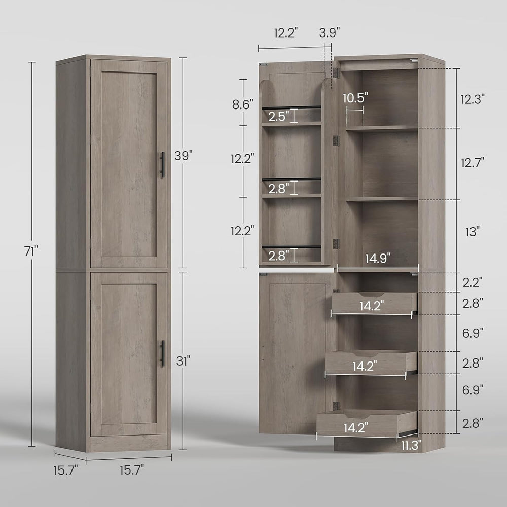 Itaar Narrow Kitchen Pantry Cabinet with 3 Door Shelves & 3 Drawer, Grey ...