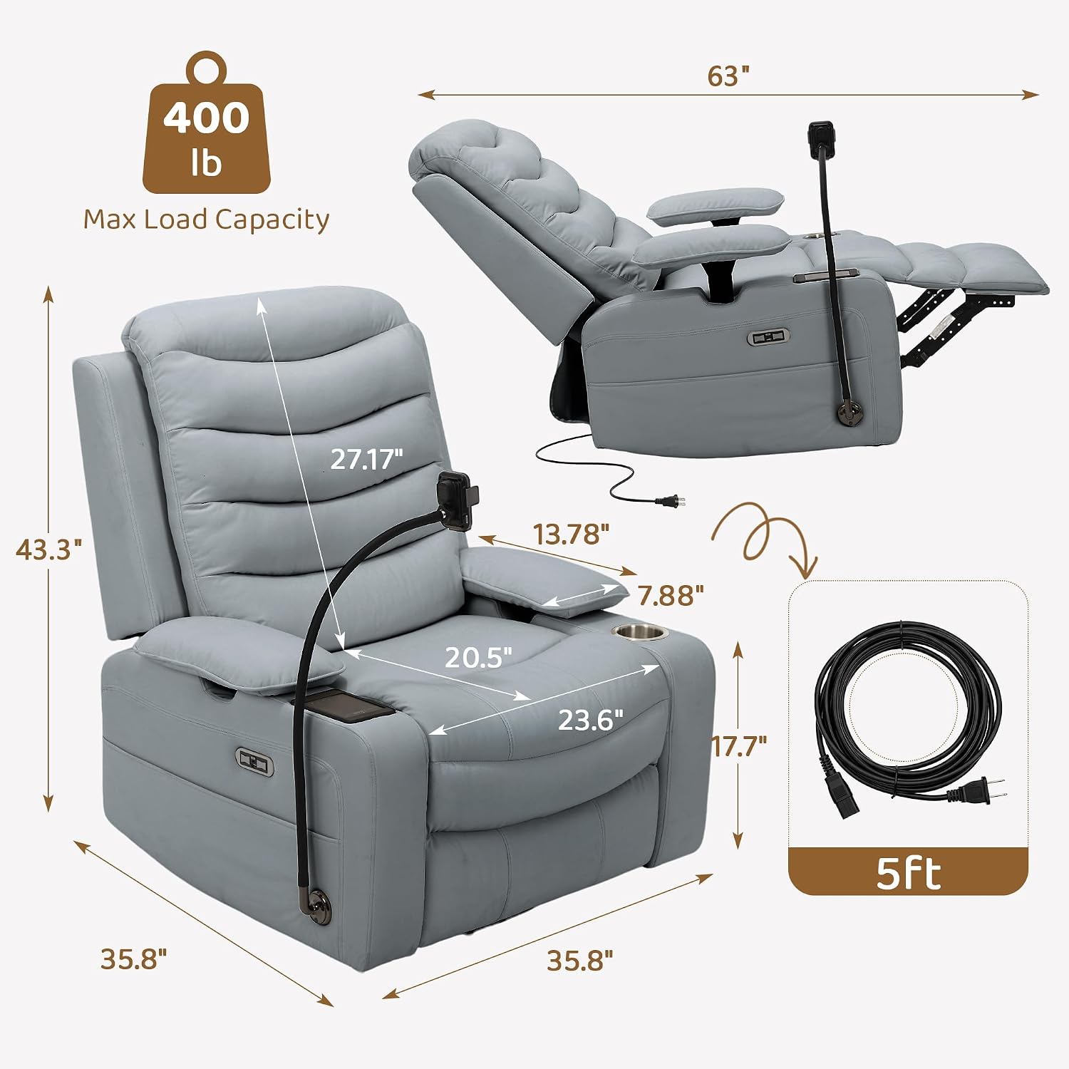 Olela Nursery Glider Recliner Chair - Electric Swivel Rocker with Heated Lumbar, Smart Cup Holder, USB Charging Ports, Blue Grey PU Leather