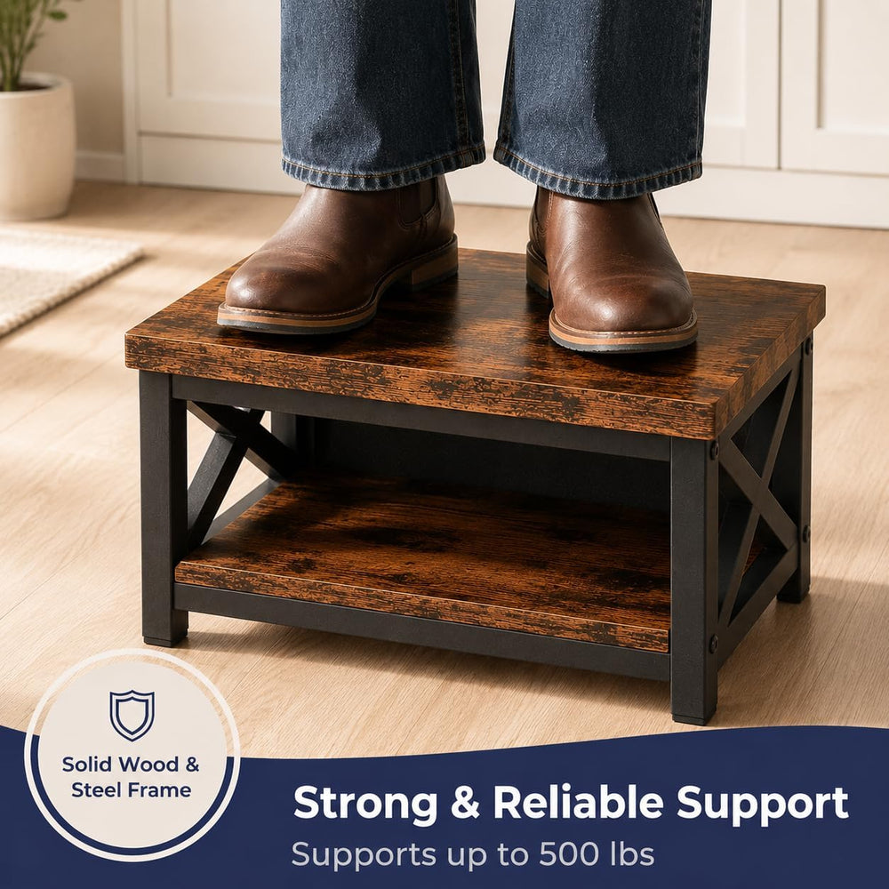 Wooden Step Stool for Bed, 8 Inch Bedside Stool with Storage, Rustic Brown