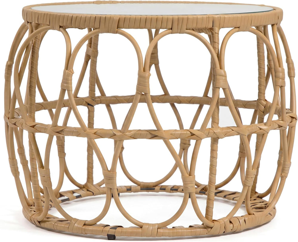 Furniture of America Ysar Boho Rattan Round Coffee Table Outdoor with 5mm Tem...
