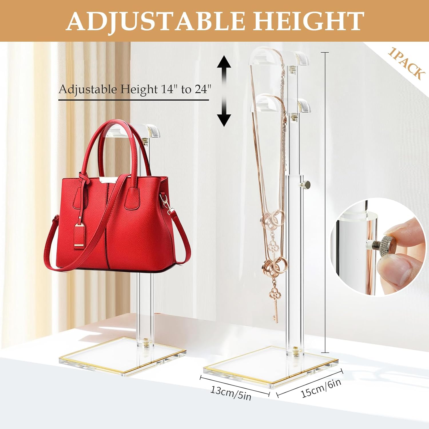 Acrylic Purse Display Stands, 14"-24" Adjustable Height Handbag Holder, Clear Purse Rack Stands for Closet Retail, Durable Gold Trim Hanging Bag Wallet Jewelry Necklace Organizer Stand(PATENT PENDING)