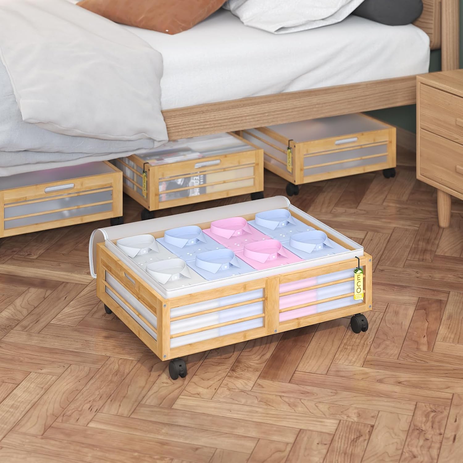 Bamboo Underbed Storage Containers with Wheels & Bag 2 Pack, Large Under Bed Rolling Storage Bins Wood Under Bed Clothes Storage Stackable Drawers for Bedroom Closet Under Crib Toy(Natural)