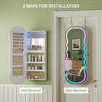 HNEBC LED Mirror Jewelry Cabinet with RGB Lights,42.5" Wall Mounted Jewelry Organizer with Full-Length Mirror,Over The Door Hanging Jewelry Armoire Storage Cabinet,Lockable,Wide Wavy Mirror