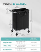 SONGMICS Laundry Basket with Wheels, 2-Section Rolling Laundry Hamper, 37 Gallons (140 L), Removable Liner, Steel Frame with Handle, 27.2 x 15.4 x 31.9 Inches, Ink Black URLS004B01