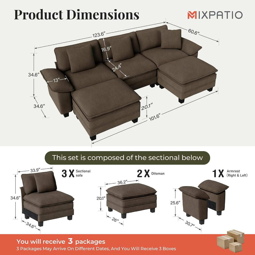 MIXPATIO 124" 5-Seat U Shaped Modular Sectional Sofa,Chenille Taupe | Mo...