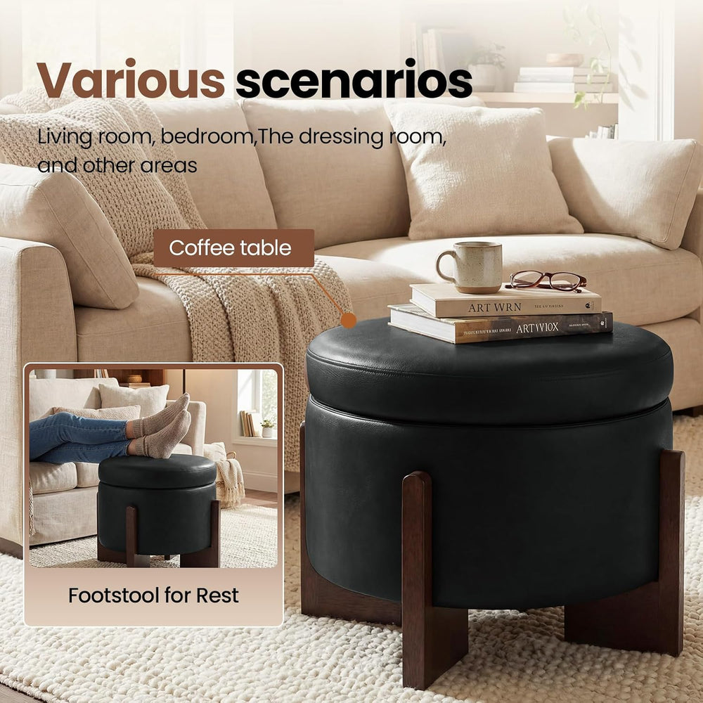 Leather Ottoman with Storage and Ash Wood Legs, Modern Foot Stool，Round Stora...