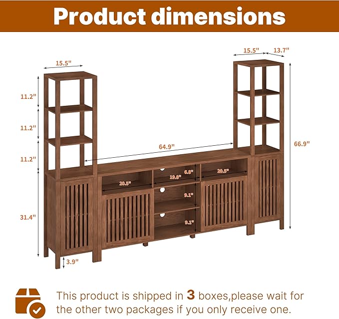 Farmhouse TV Stand for 70 inch TVs, Entertainment Center with Bookshelves - 4 Door Media Console with Adjustable Shelves, Storage Cabinet for Living Room Bedroom Home Theater, Rustic Brown
