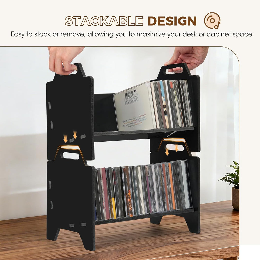 2 Pack Stackable CD Holder Organizer Rack, CD Storage Tower Shelf | Holds up to 56 CD Cases, Jewel Case Display Stand Fit for Theatre Room (Black)