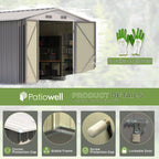 Patiowell 8x10 FT Outdoor Storage Shed, Large Garden Tool Metal Shed with Sloping Roof and Double Lockable Door, Outdoor Sheds for Backyard Garden Patio Lawn,Grey