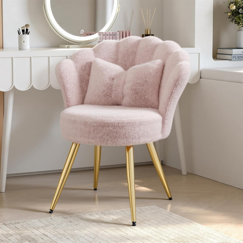 Plush Sherpa Accent Chair with Gold Metal Legs, Fluffy Vanity Chair for Makeu...